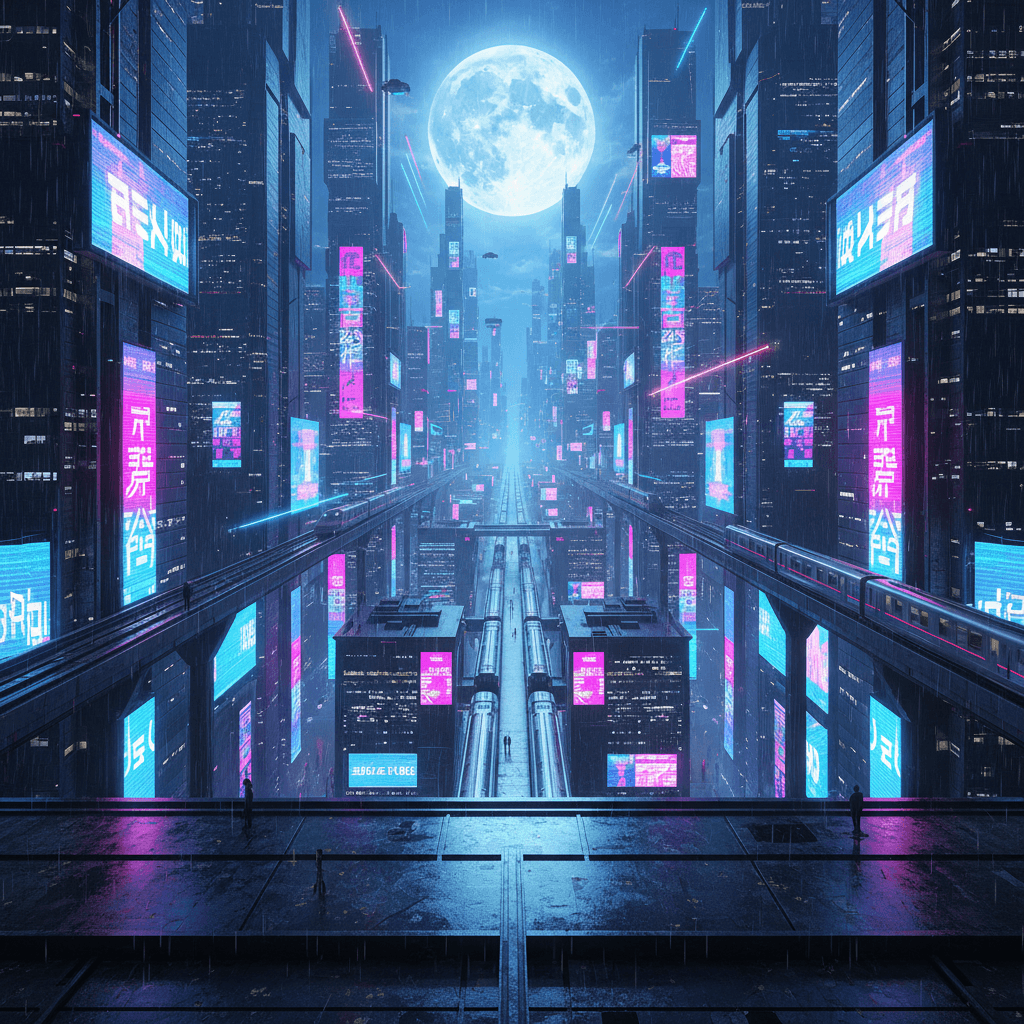 Neon Moonlit Cyberpunk Skyline generated